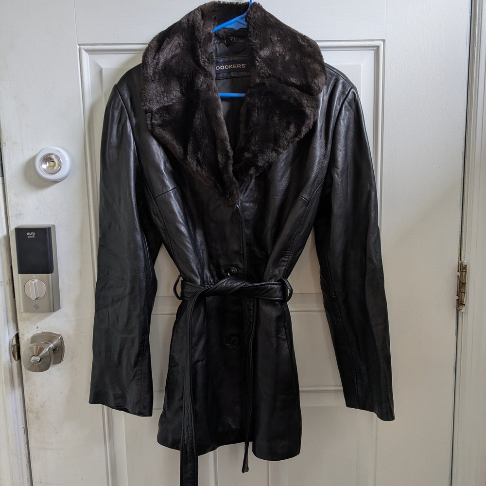 Dockers Women's Black Leather Jacket with Faux Fur Collar